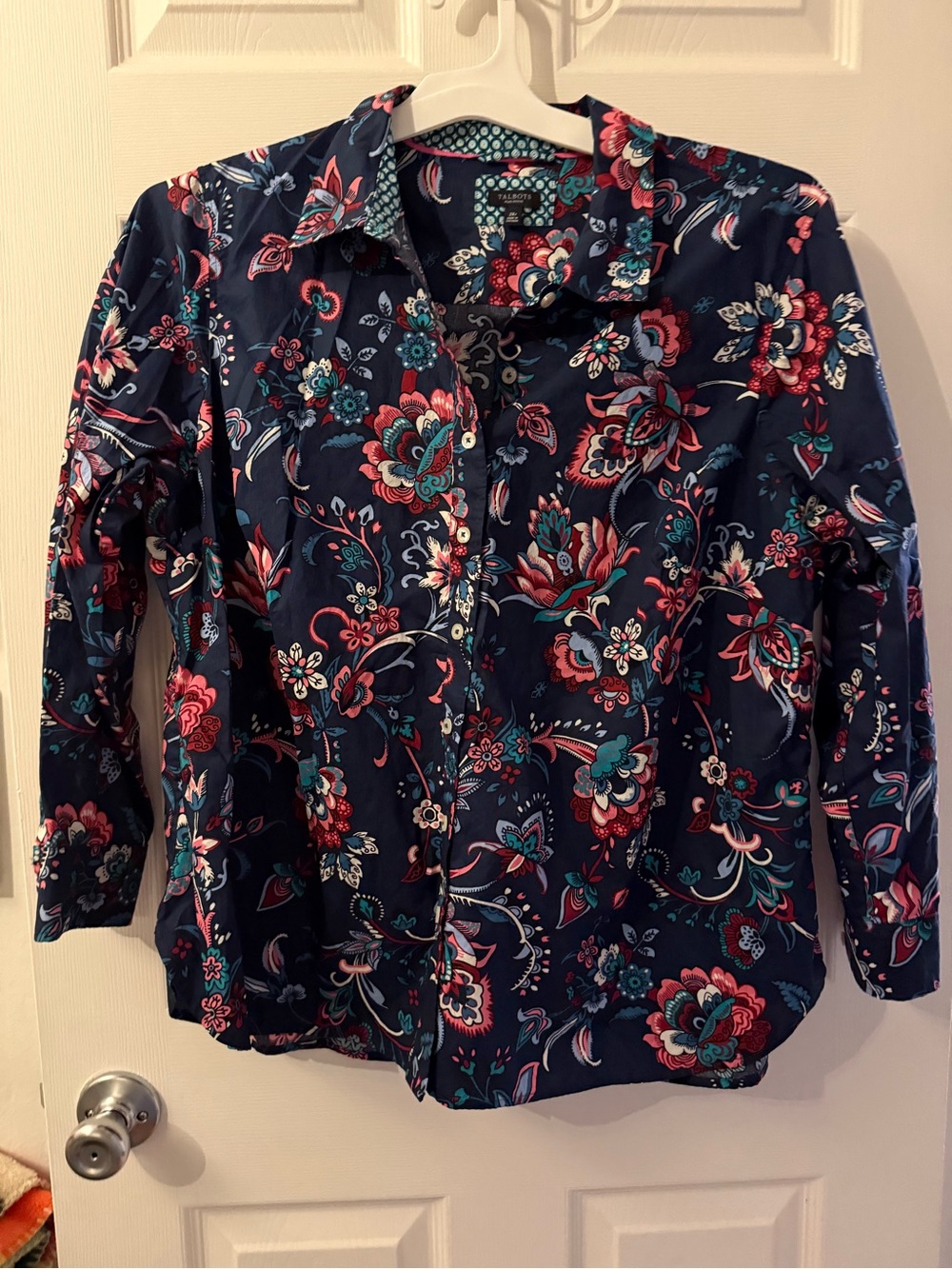 Talbots Navy Floral Button-Down Shirt with Pink & Teal Accents